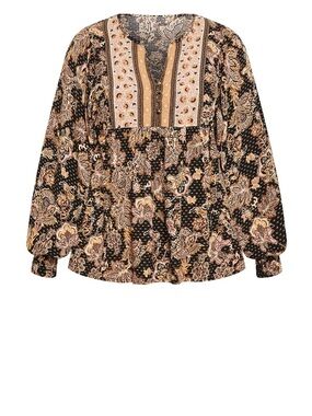 Boho Paisley Patchwork Peasant Tunic - Black & Tan
